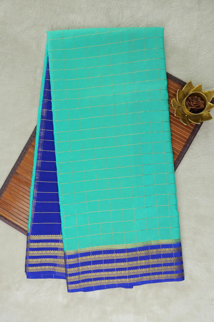Small Checks Pure Gold Zari Mysore Silk Sarees In Turquoise Blue and Royal Blue Color with Contrast Royal Blue Color Blouse