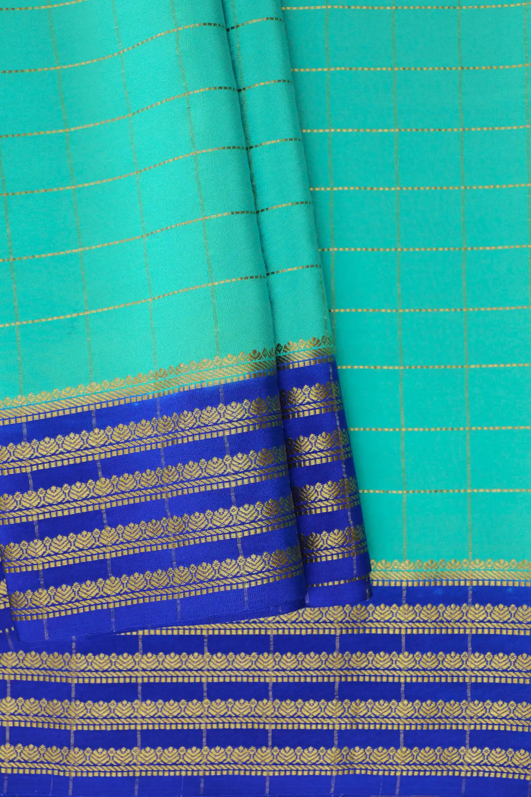 Small Checks Pure Gold Zari Mysore Silk Sarees In Turquoise Blue and Royal Blue Color with Contrast Royal Blue Color Blouse