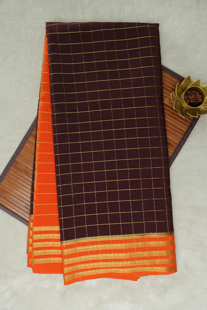 Small Checks Pure Gold Zari Mysore Silk Sarees In Brown and Orange Color with Contrast Orange Color Blouse