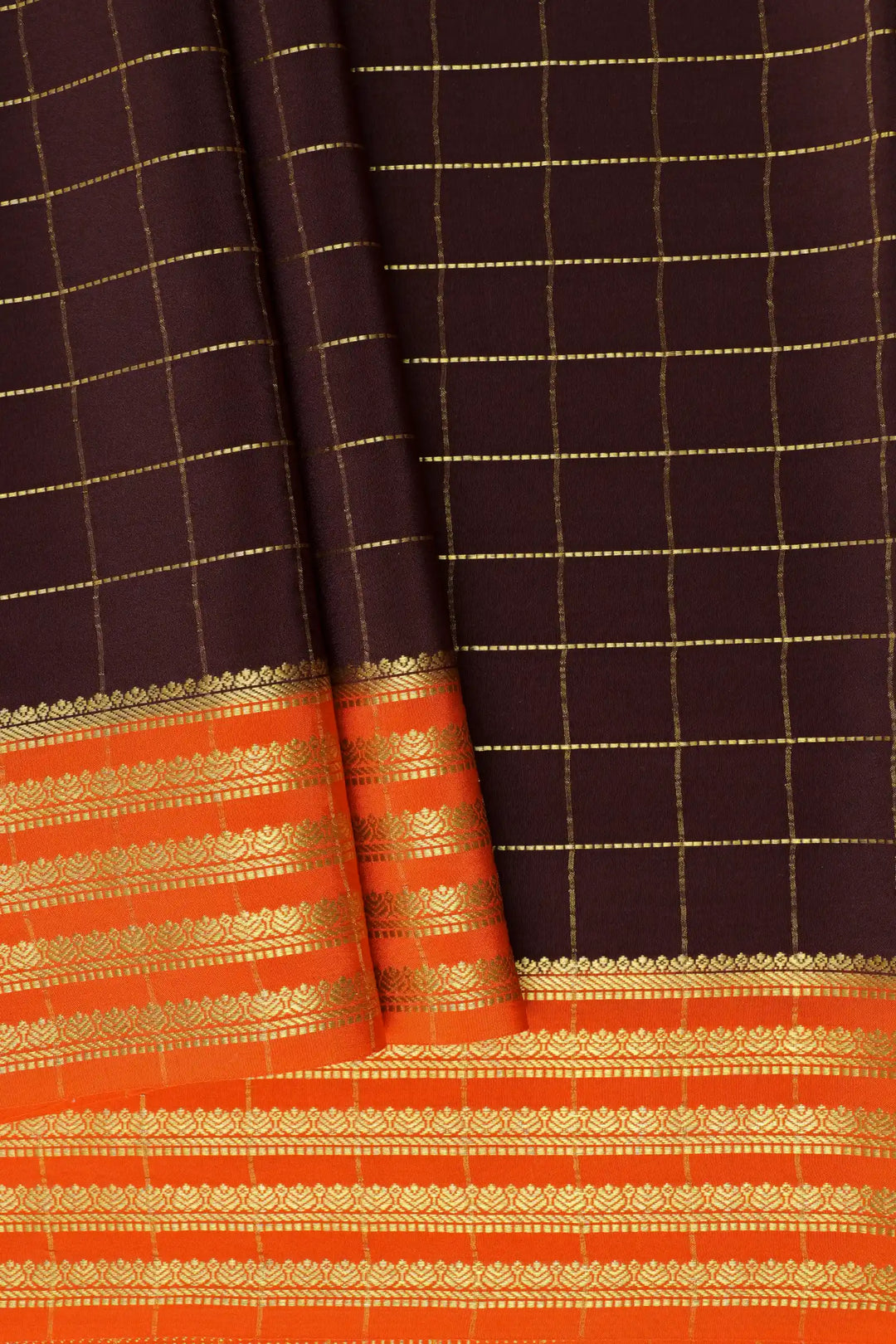 Small Checks Pure Gold Zari Mysore Silk Sarees In Brown and Orange Color with Contrast Orange Color Blouse
