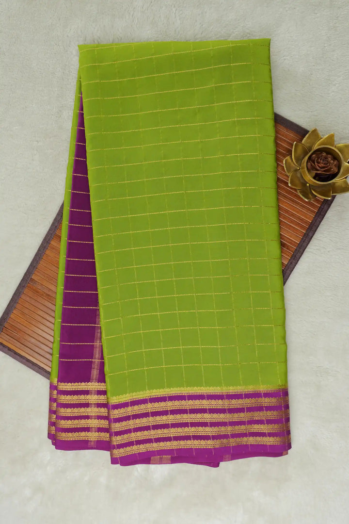 Green and Pink Pure Mysore Silk Saree In Small Checks With Contrast Pink Blouse and Gold Zari Border