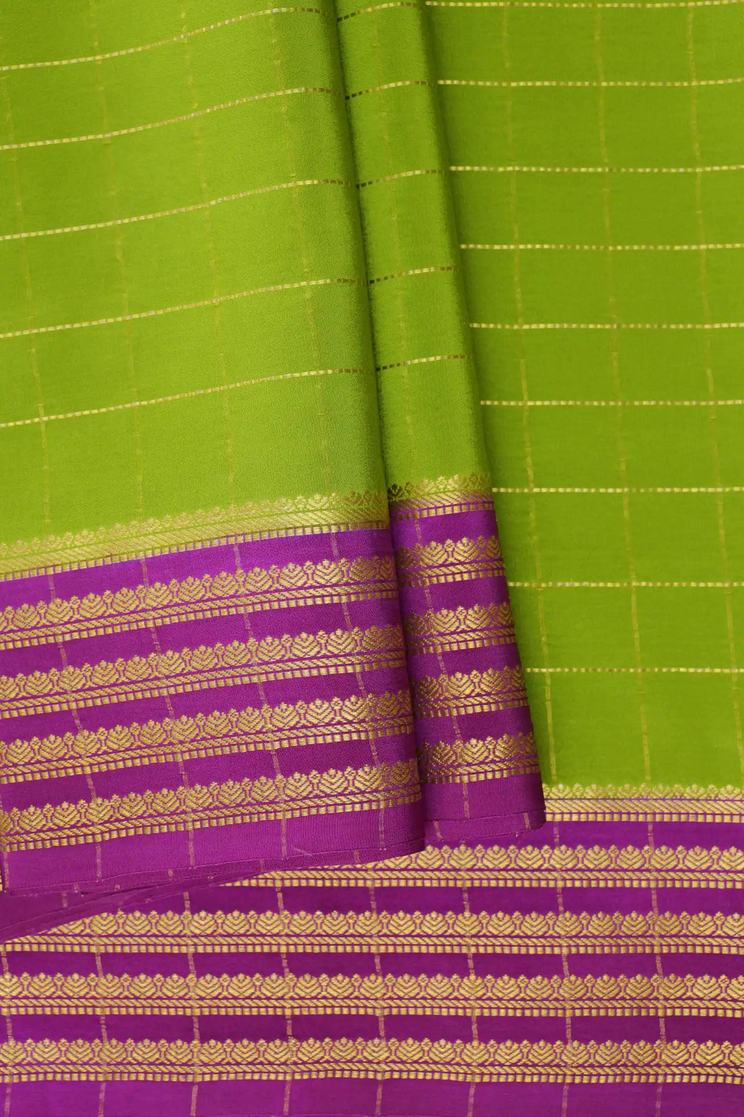 Green and Pink Pure Mysore Silk Saree In Small Checks With Contrast Pink Blouse and Gold Zari Border