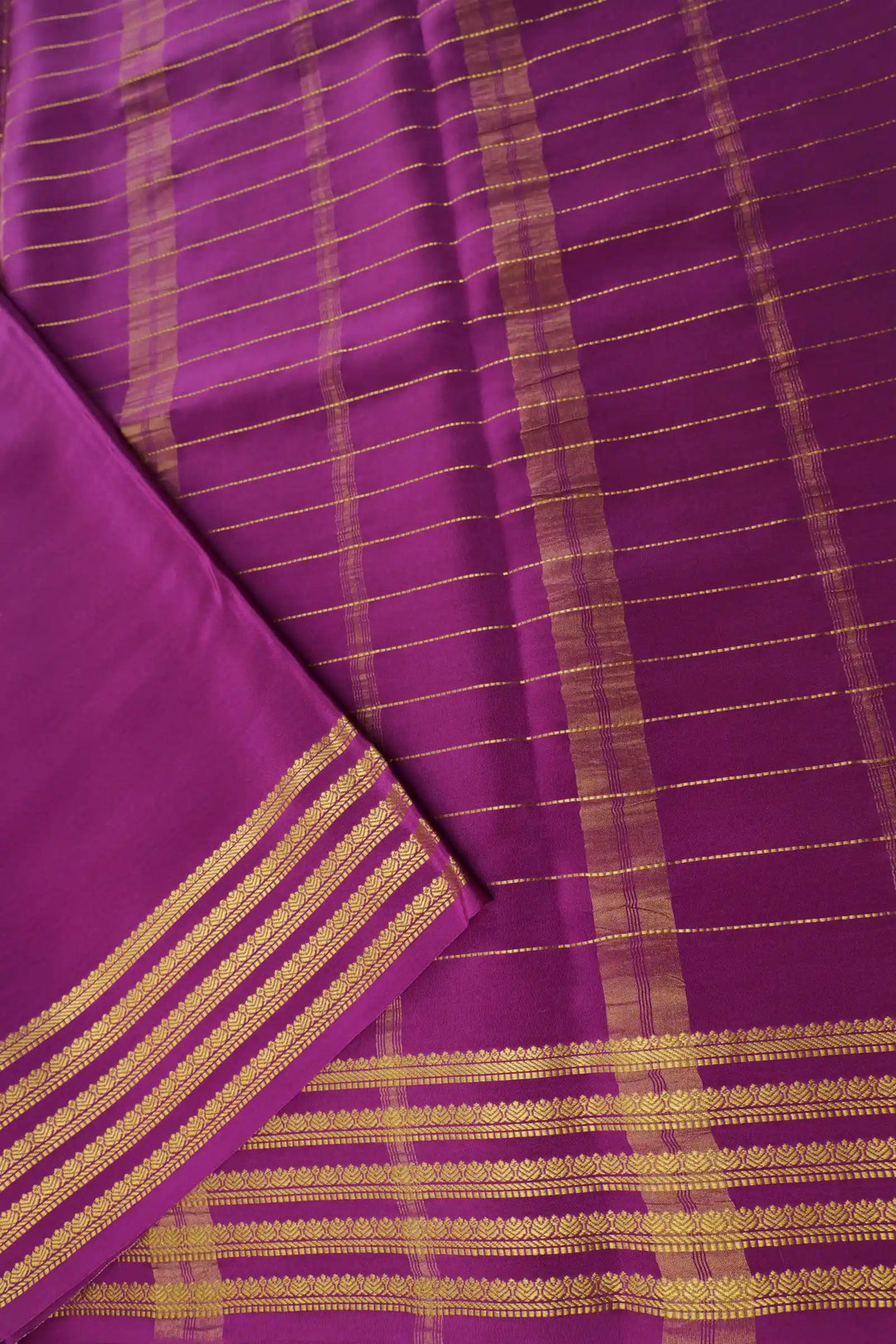 Green and Pink Pure Mysore Silk Saree In Small Checks With Contrast Pink Blouse and Gold Zari Border