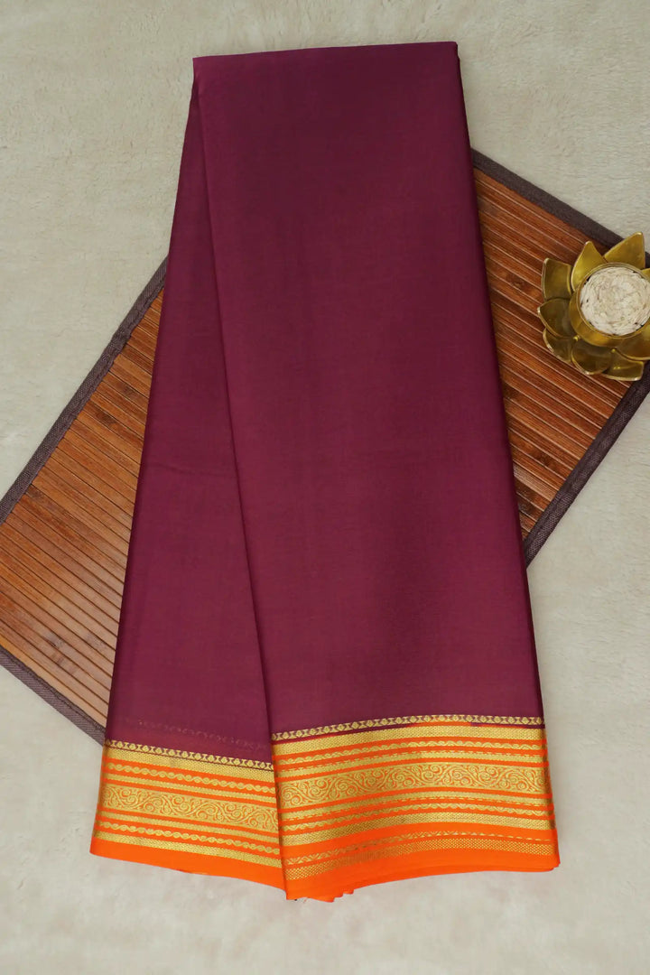5 Line Contrast Pure Mysore Silk Saree in Maroon and Orange Color with Contrast Orange Color Blouse