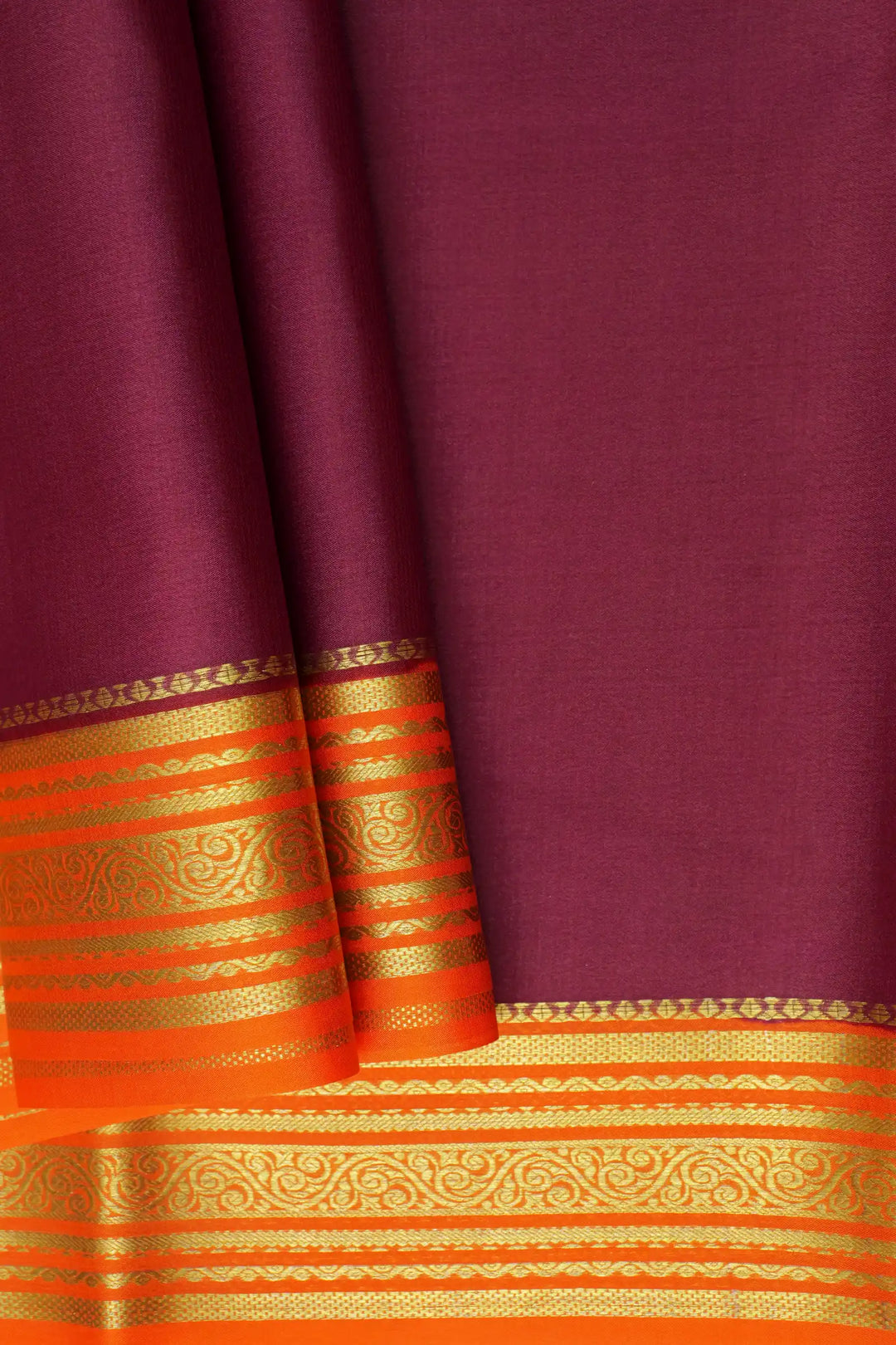 5 Line Contrast Pure Mysore Silk Saree in Maroon and Orange Color with Contrast Orange Color Blouse