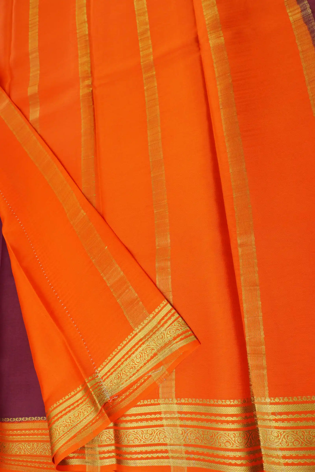 5 Line Contrast Pure Mysore Silk Saree in Maroon and Orange Color with Contrast Orange Color Blouse