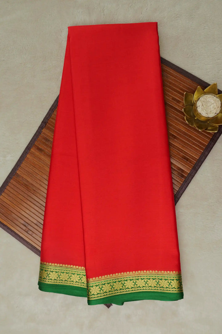 Floral Chakra Border 50 GSM Pure Mysore Silk Saree in Red and Green Color with Contrast Blouse