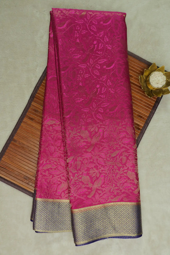 120 GSM Brocade Pattern Pure Mysore Silk Saree in Pink Color with Blue Color Blouse