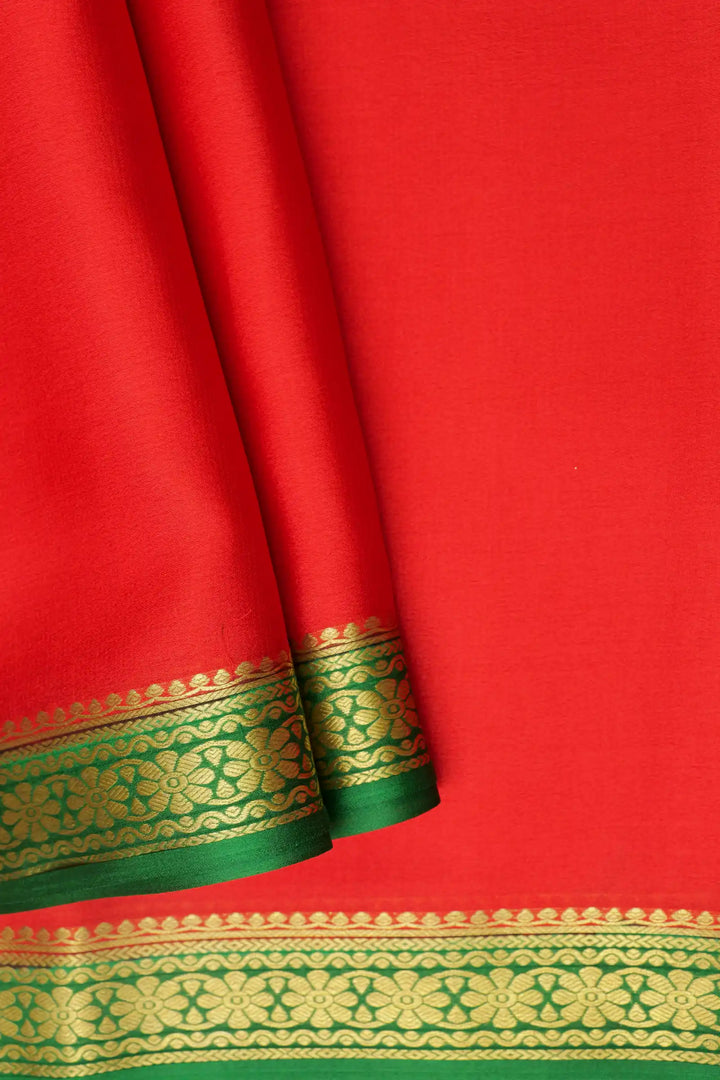 Floral Chakra Border 50 GSM Pure Mysore Silk Saree in Red and Green Color with Contrast Blouse