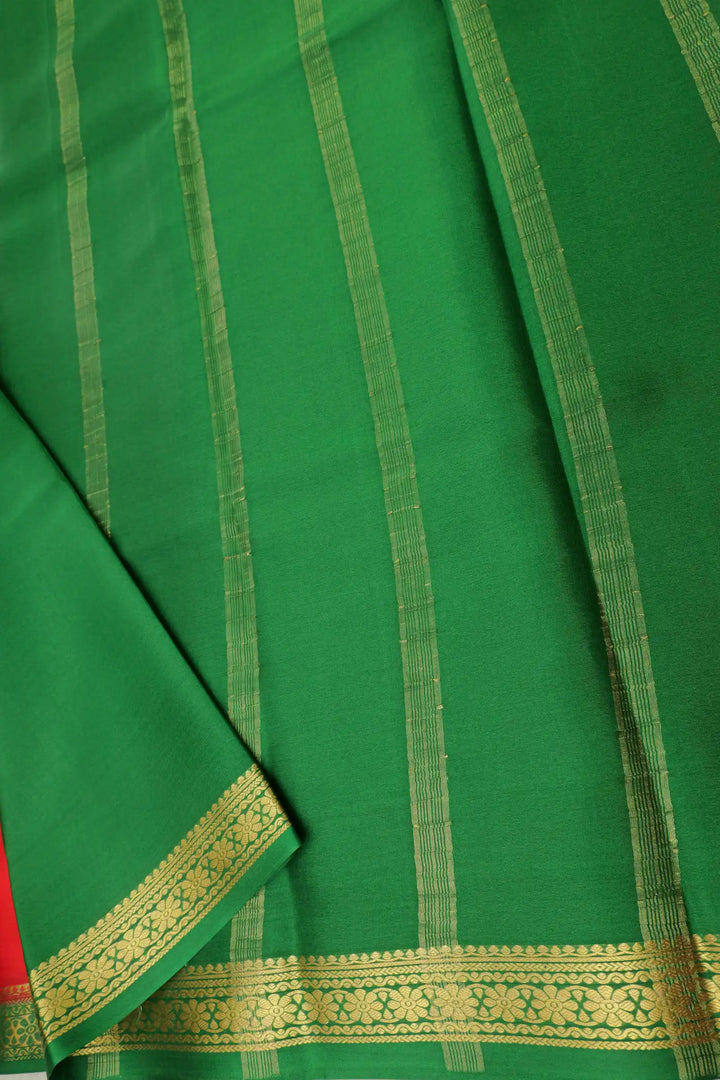 Floral Chakra Border 50 GSM Pure Mysore Silk Saree in Red and Green Color with Contrast Blouse