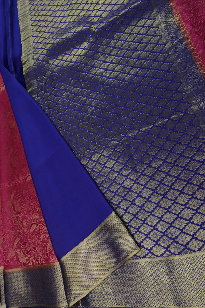 120 GSM Brocade Pattern Pure Mysore Silk Saree in Pink Color with Blue Color Blouse