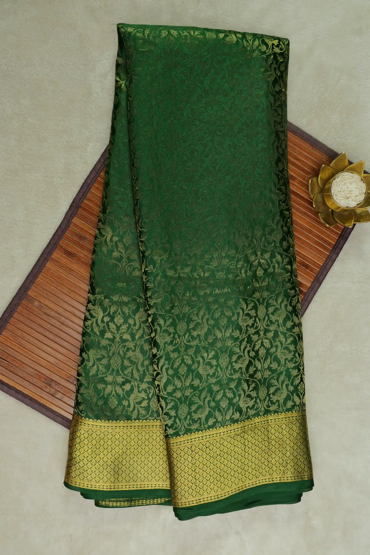 120 GSM Brocade Pattern Pure Mysore Silk Saree in Green Color with Self Green Color Blouse