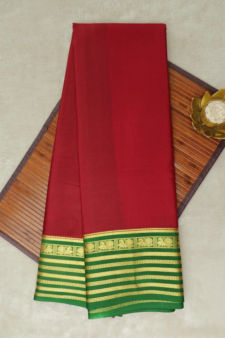 Peacock Lines Pure Mysore Silk Saree in Red and Green Color with Contrast Green Color Blouse