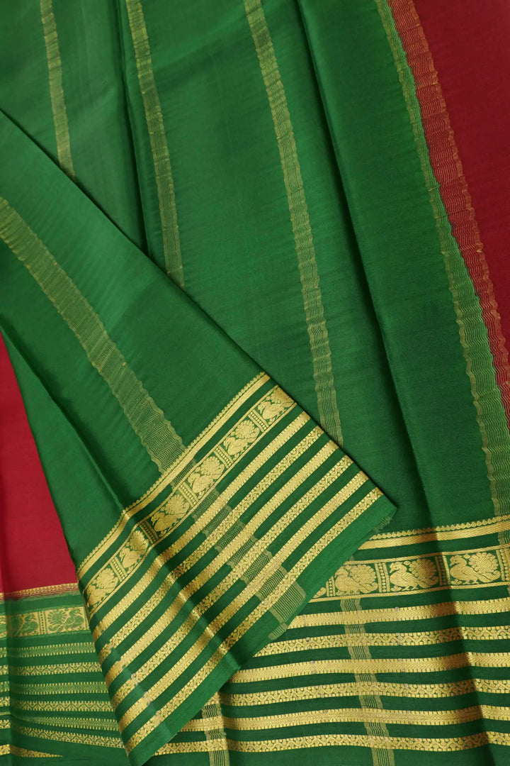 Peacock Lines Pure Mysore Silk Saree in Red and Green Color with Contrast Green Color Blouse