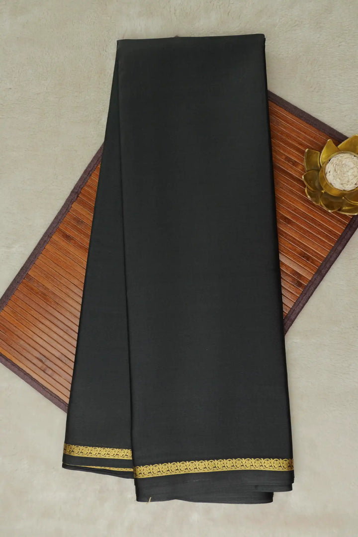 Half Inch Floral Border Pure Mysore Silk Saree in Black Color with Self Black Color Blouse