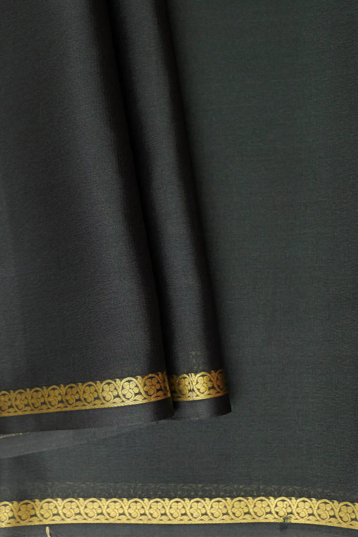 Half Inch Floral Border Pure Mysore Silk Saree in Black Color with Self Black Color Blouse