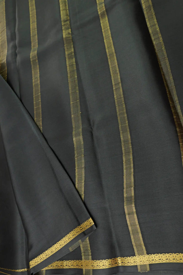 Half Inch Floral Border Pure Mysore Silk Saree in Black Color with Self Black Color Blouse