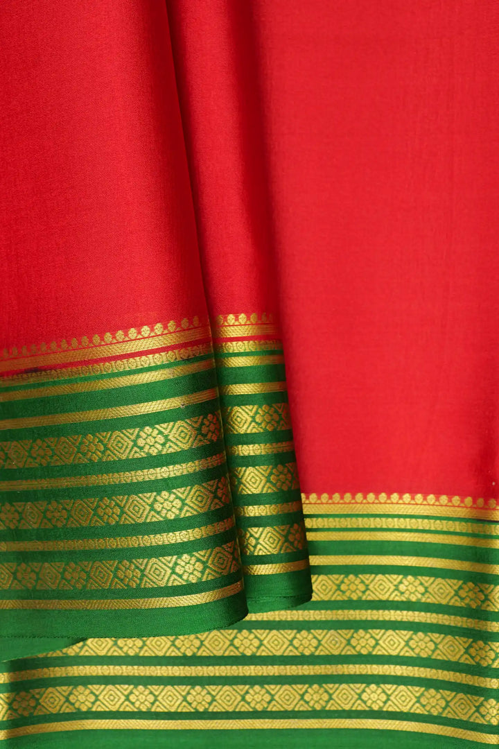 Peacock Lines Pure Mysore Silk Saree in Red and Green Color with Contrast Green Color Blouse