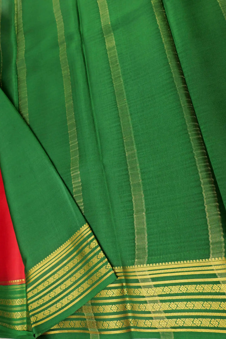 Peacock Lines Pure Mysore Silk Saree in Red and Green Color with Contrast Green Color Blouse