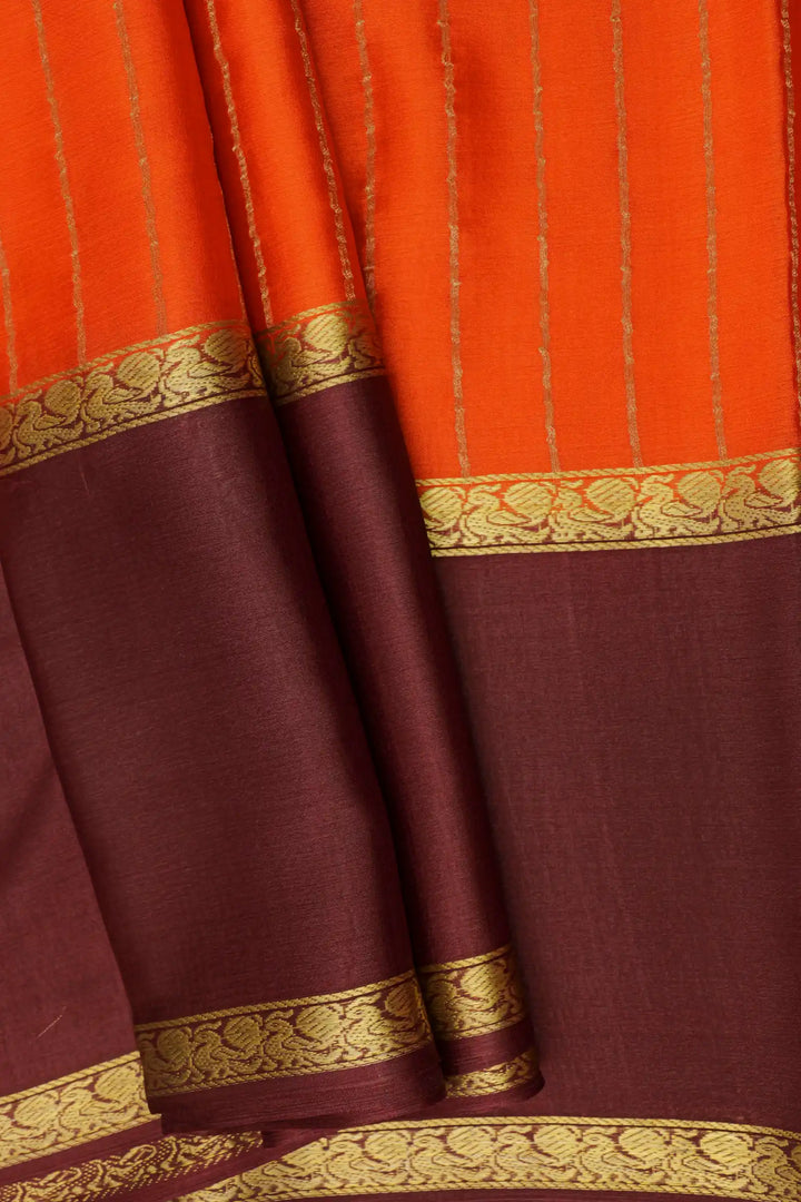 Stripes Bentex 60 GSM Pure Mysore Silk Saree in Orange and Brown Color with Contrast Brown Color Blouse