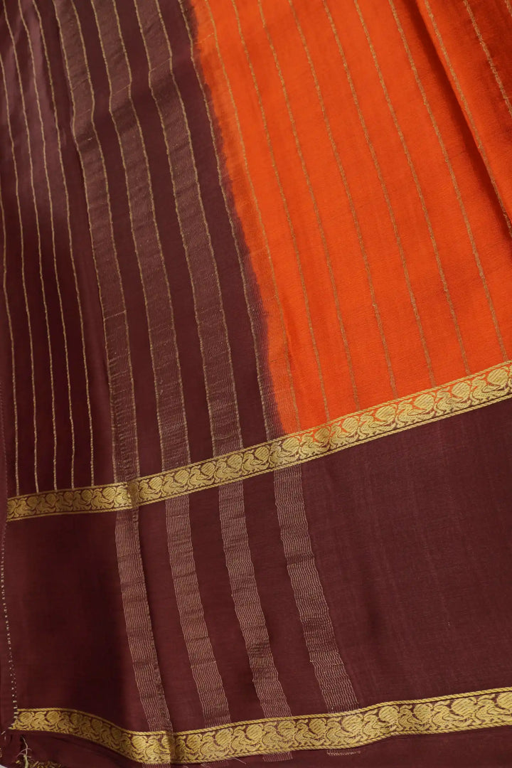 Stripes Bentex 60 GSM Pure Mysore Silk Saree in Orange and Brown Color with Contrast Brown Color Blouse
