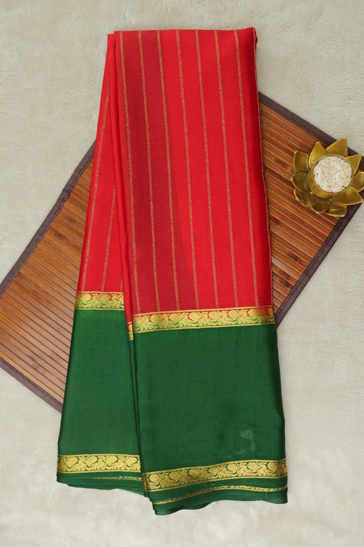 Stripes Bentex 60 GSM Pure Mysore Silk Saree in Red and Green Color with Contrast Green Color Blouse