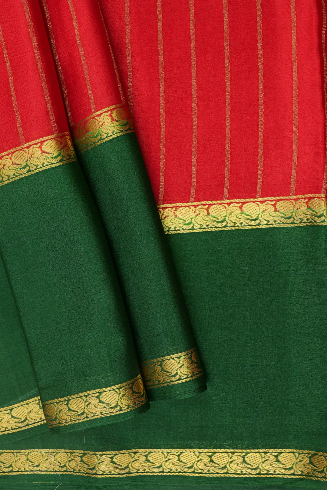 Stripes Bentex 60 GSM Pure Mysore Silk Saree in Red and Green Color with Contrast Green Color Blouse