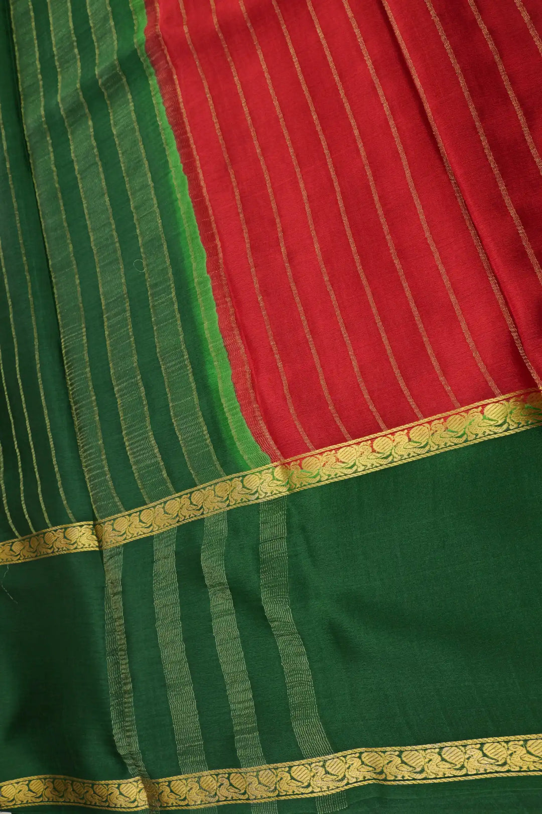 Stripes Bentex 60 GSM Pure Mysore Silk Saree in Red and Green Color with Contrast Green Color Blouse