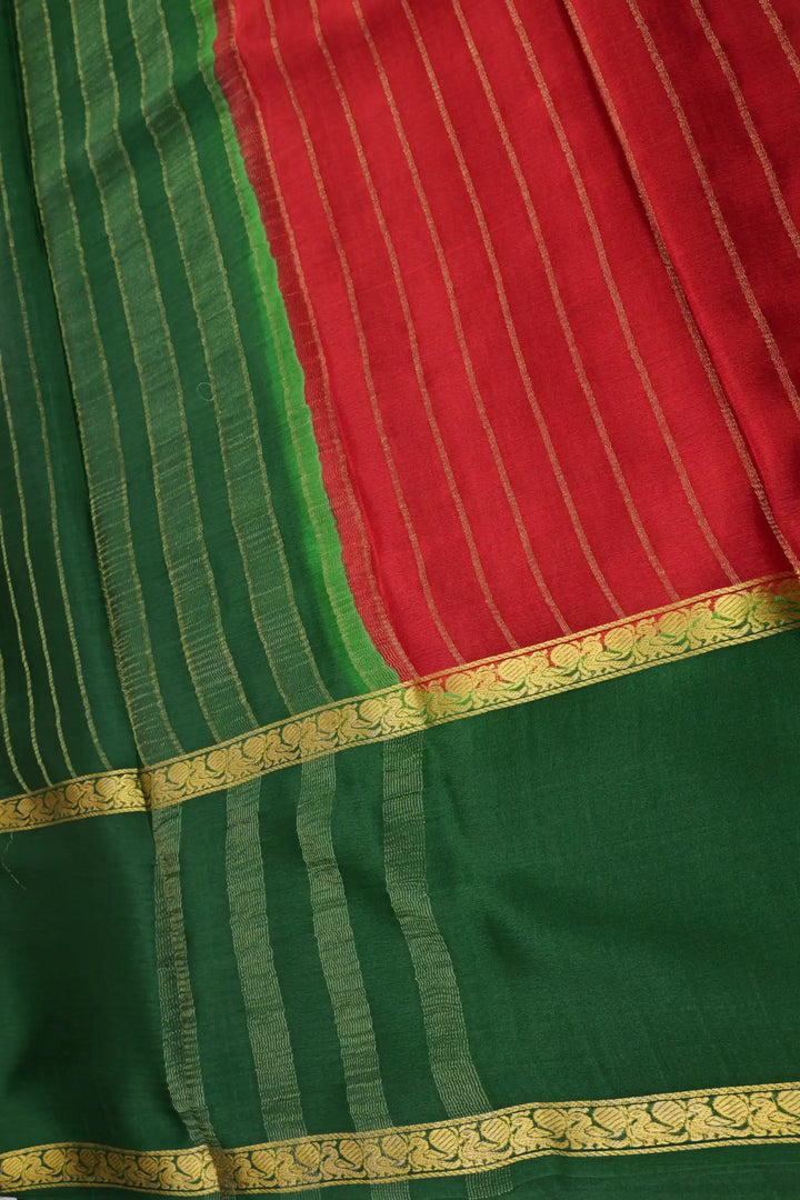 Stripes Bentex 60 GSM Pure Mysore Silk Saree in Red and Green Color with Contrast Green Color Blouse