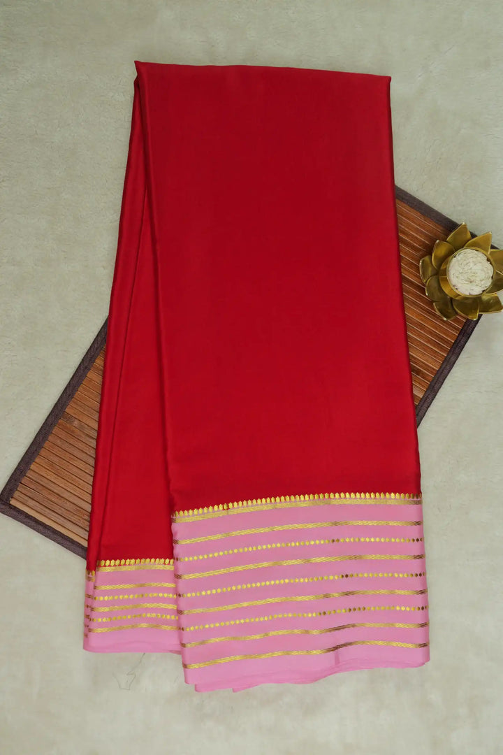 10 Line Stripes Pure Mysore Silk Saree in Red and Pink Color with Contrast Pink Color Blouse
