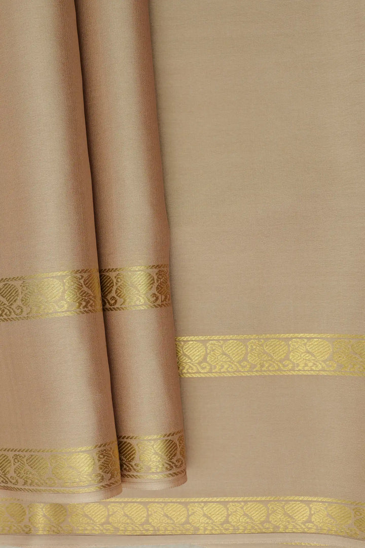 Self Bentex Border 50 GSM Pure Mysore Silk Saree in Beige Color with Self Beige Color Blouse