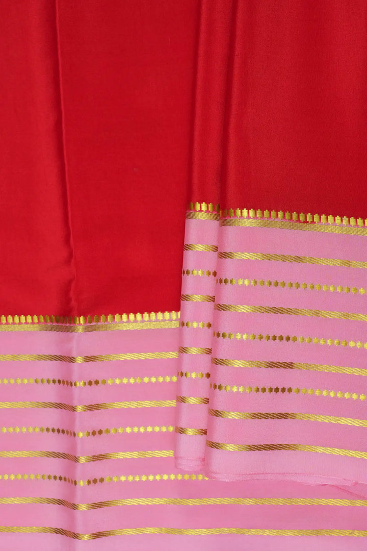 10 Line Stripes Pure Mysore Silk Saree in Red and Pink Color with Contrast Pink Color Blouse