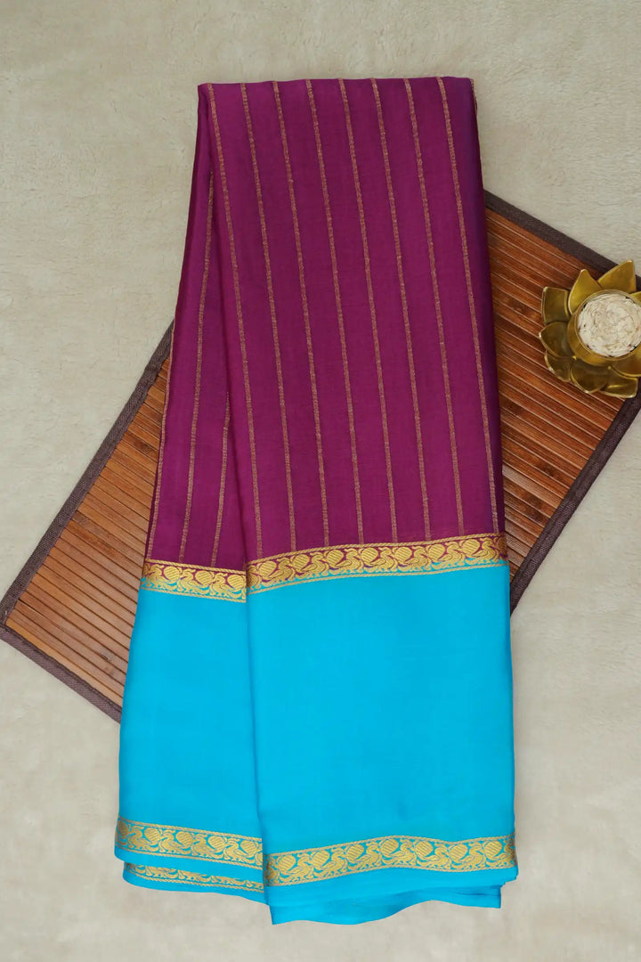 Stripes Bentex 60 GSM Pure Mysore Silk Saree in Purple and Blue Color with Contrast Blue Color Blouse