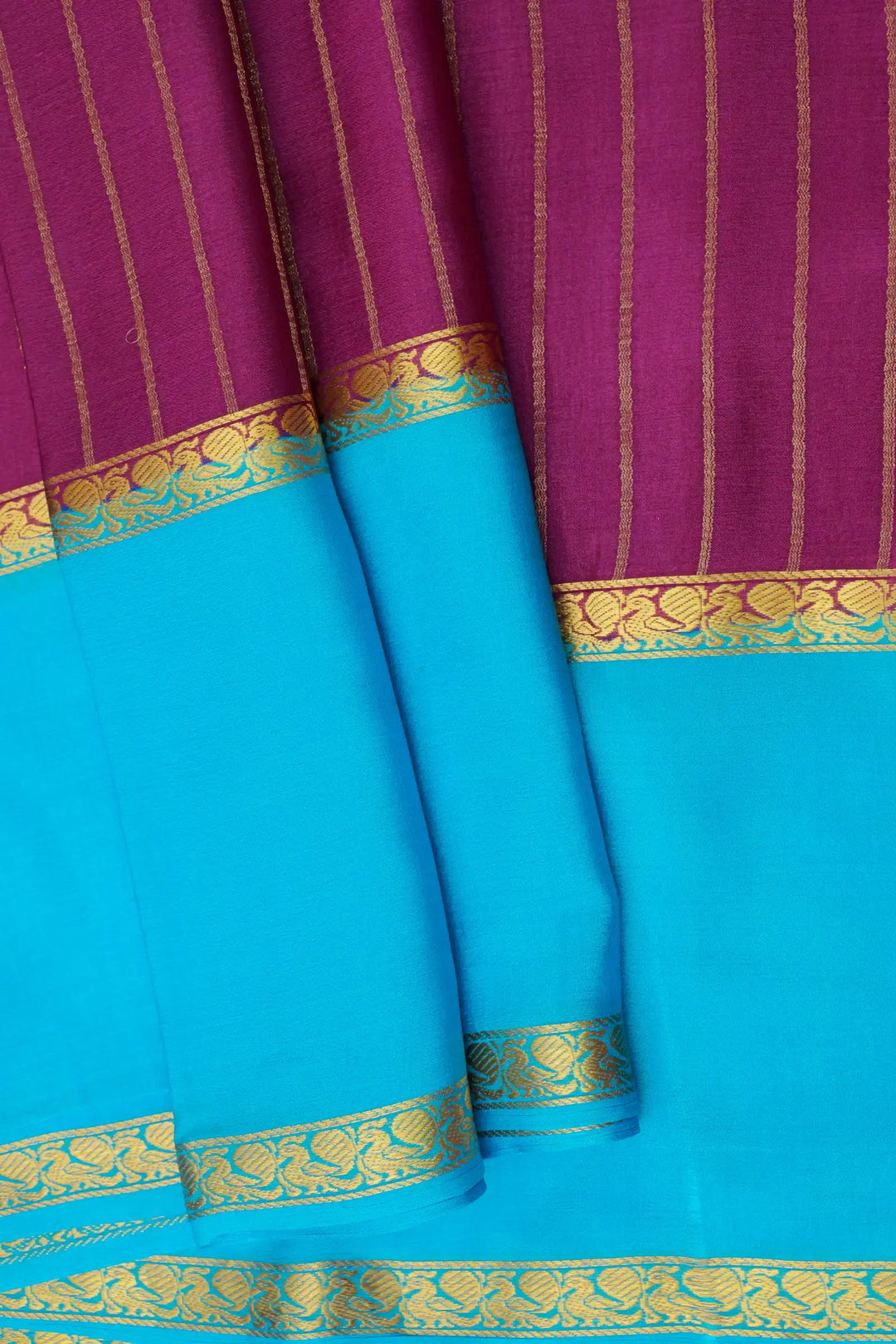 Stripes Bentex 60 GSM Pure Mysore Silk Saree in Purple and Blue Color with Contrast Blue Color Blouse