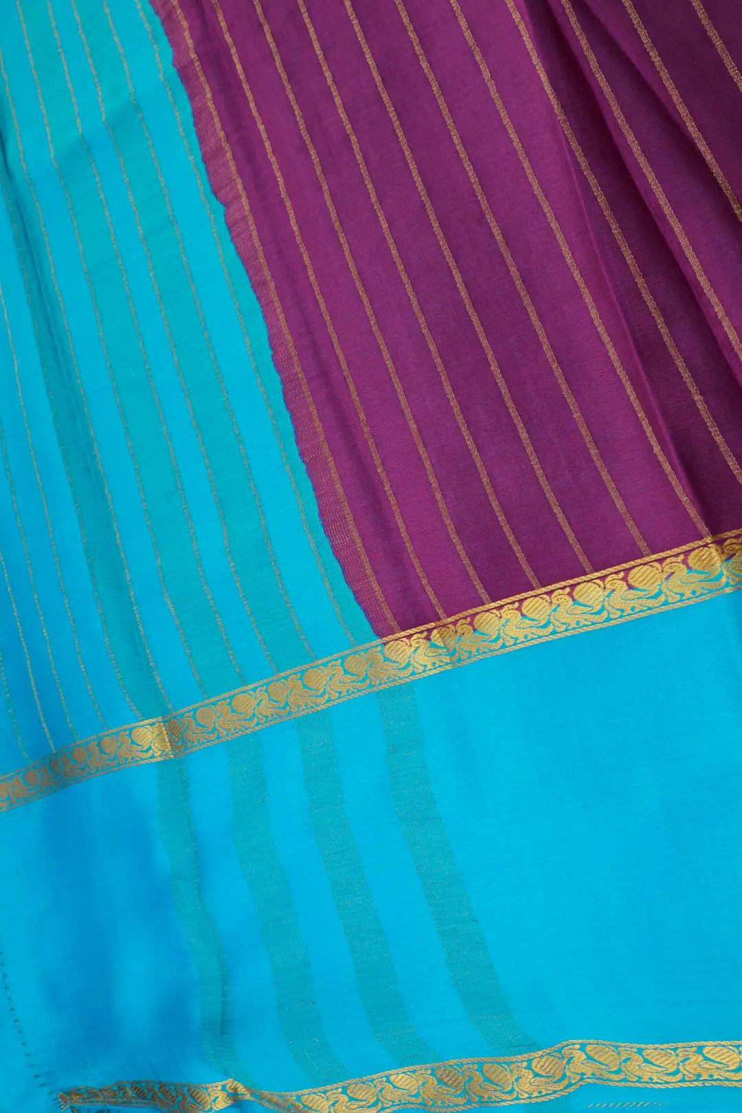 Stripes Bentex 60 GSM Pure Mysore Silk Saree in Purple and Blue Color with Contrast Blue Color Blouse