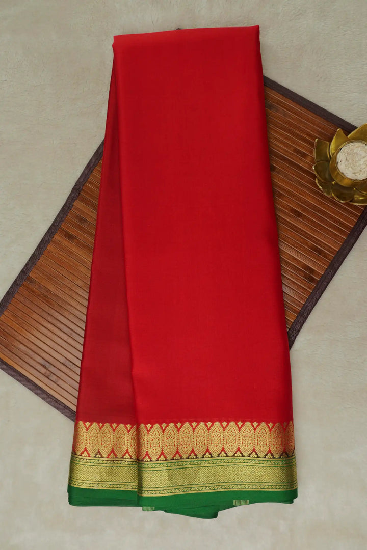 Floral Double Border 60 GSM Pure Mysore Silk Saree in Red and Green Color with Contrast Green Color Blouse