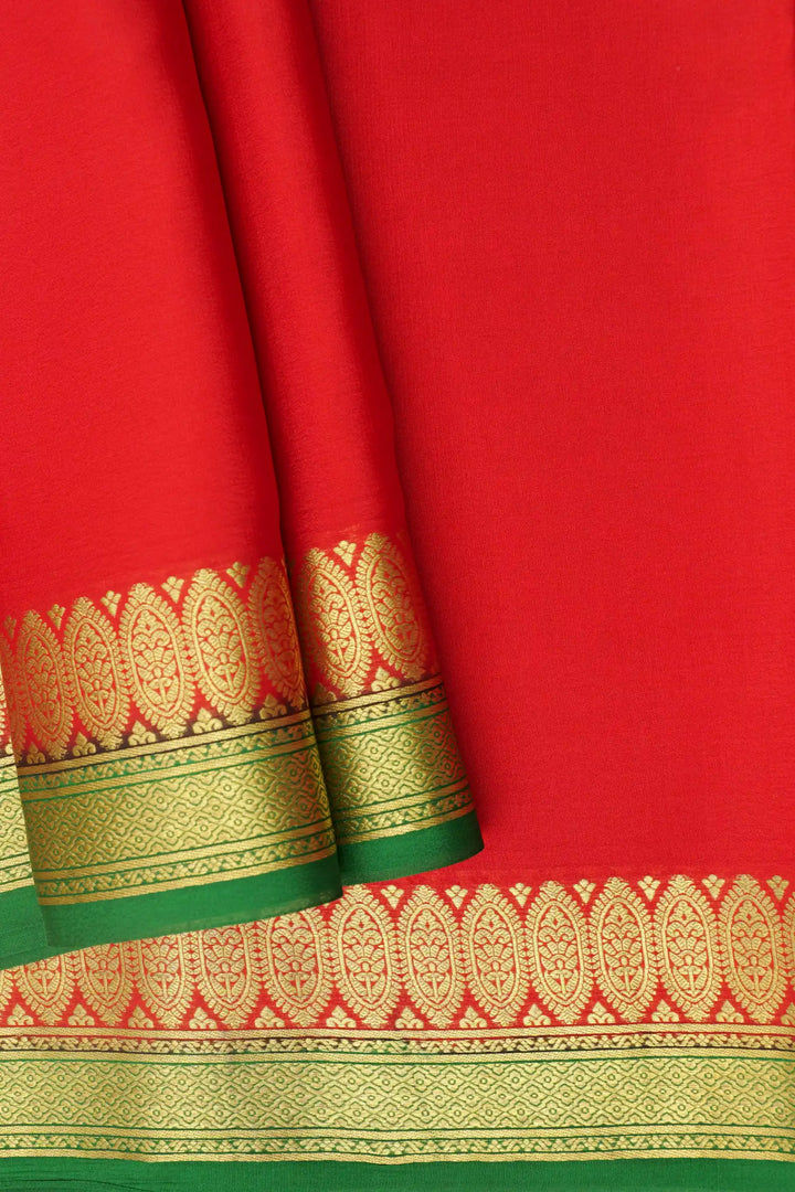 Floral Double Border 60 GSM Pure Mysore Silk Saree in Red and Green Color with Contrast Green Color Blouse
