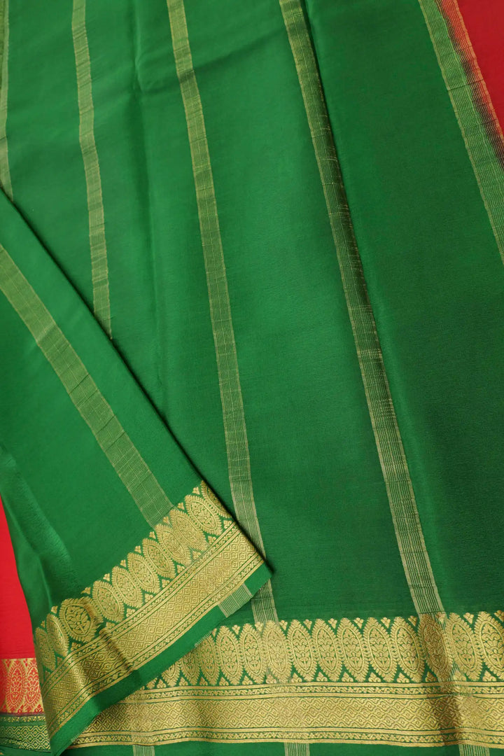 Floral Double Border 60 GSM Pure Mysore Silk Saree in Red and Green Color with Contrast Green Color Blouse