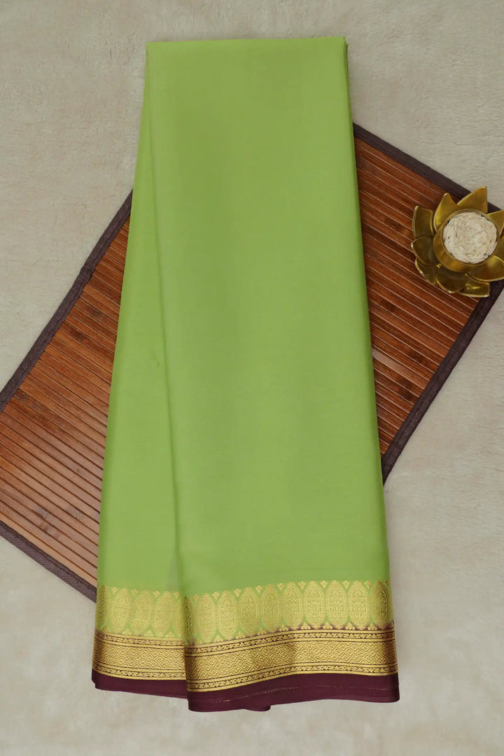 Floral Double Border 60 GSM Pure Mysore Silk Saree in Green and Brown Color with Contrast Brown Blouse