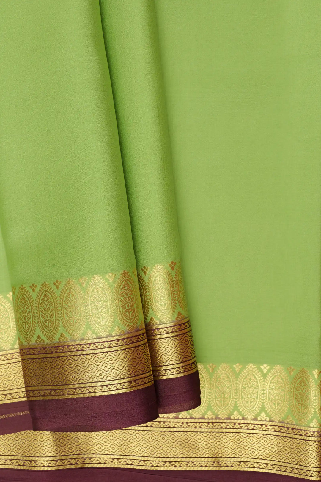 Floral Double Border 60 GSM Pure Mysore Silk Saree in Green and Brown Color with Contrast Brown Blouse