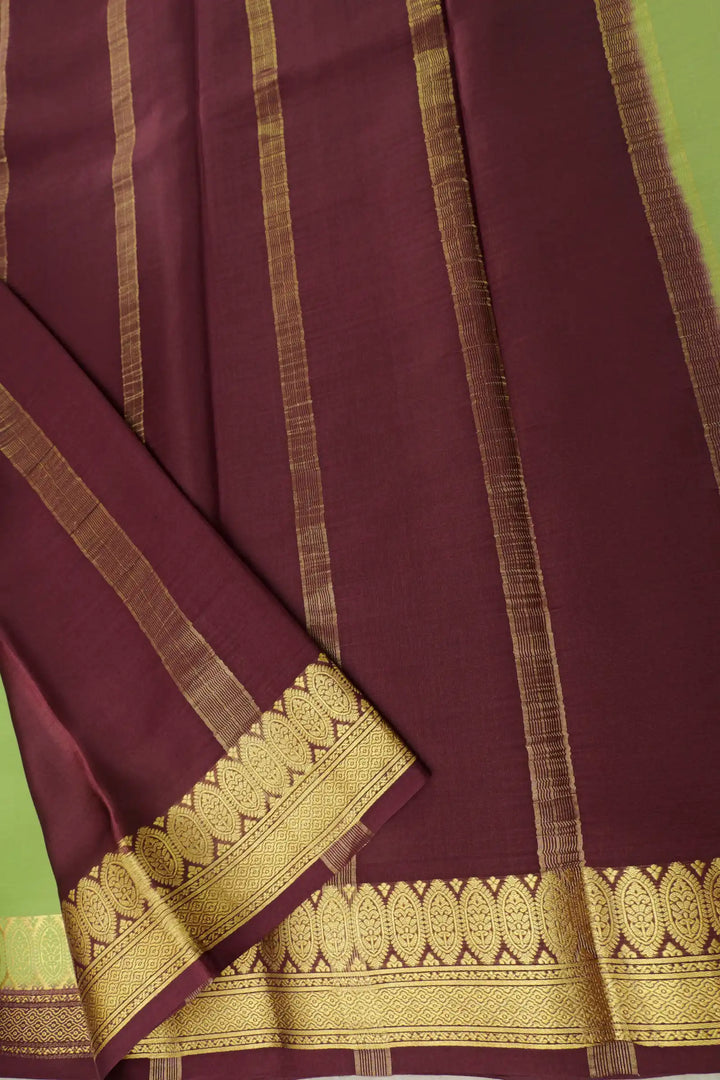 Floral Double Border 60 GSM Pure Mysore Silk Saree in Green and Brown Color with Contrast Brown Blouse