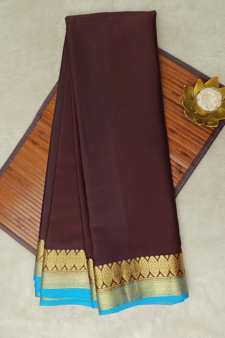 Floral Double Border 60 GSM Pure Mysore Silk Saree in Brown and Blue Color with Contrast Blouse