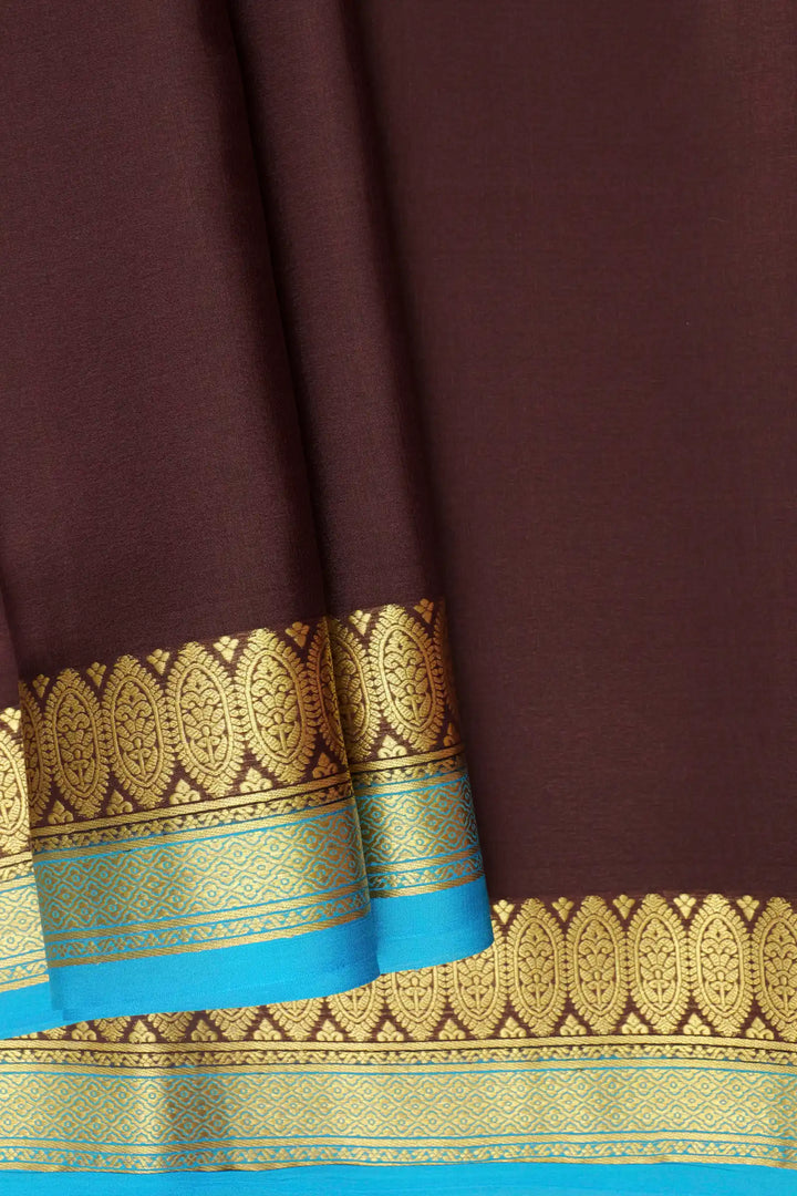 Floral Double Border 60 GSM Pure Mysore Silk Saree in Brown and Blue Color with Contrast Blouse