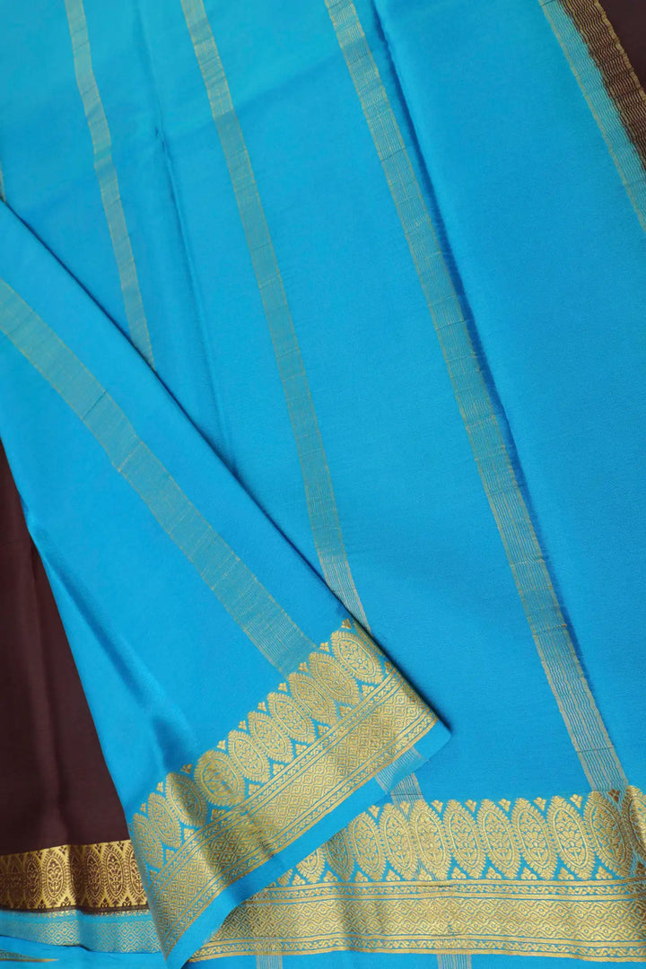 Floral Double Border 60 GSM Pure Mysore Silk Saree in Brown and Blue Color with Contrast Blouse