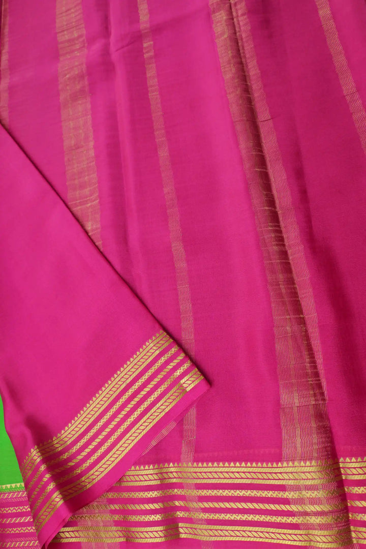 3 Line Contrast Pure Mysore Silk Saree in Gren and Pink Color with Contrast Pink Color Blouse