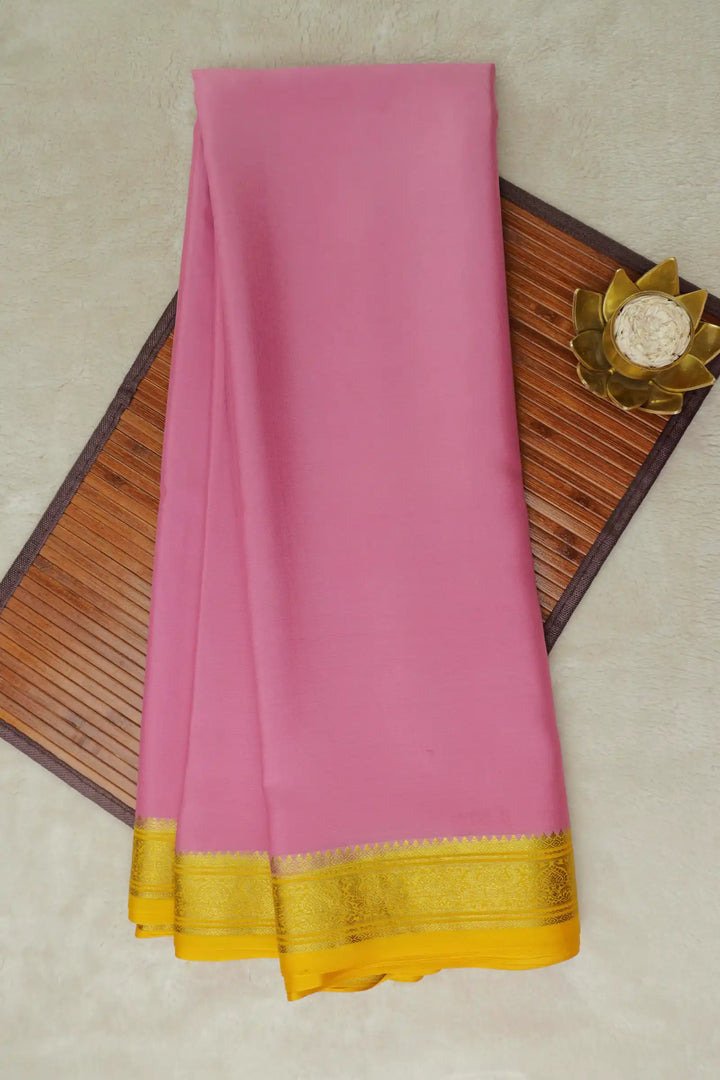 Heart Border Pure Mysore Silk Saree in Pink and Yellow Color with Contrast Yellow Color Blouse