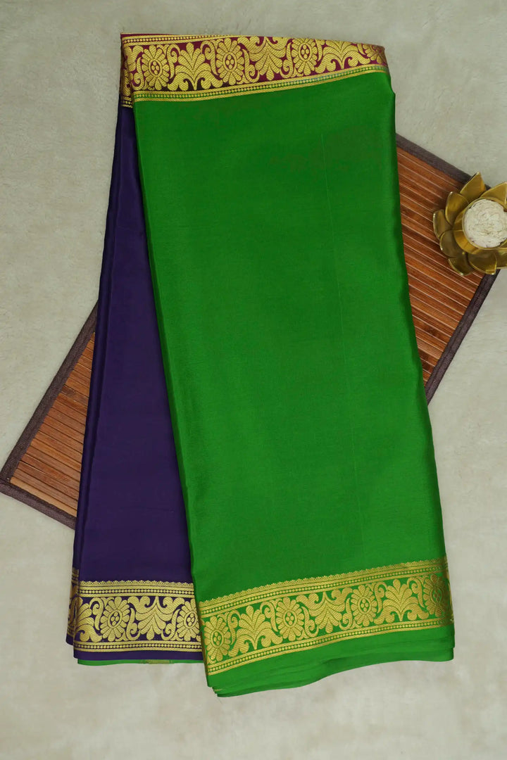 Half and Half  Floral Pure Mysore Silk Saree in Purple and Green Color with Contrast Green Color Blouse