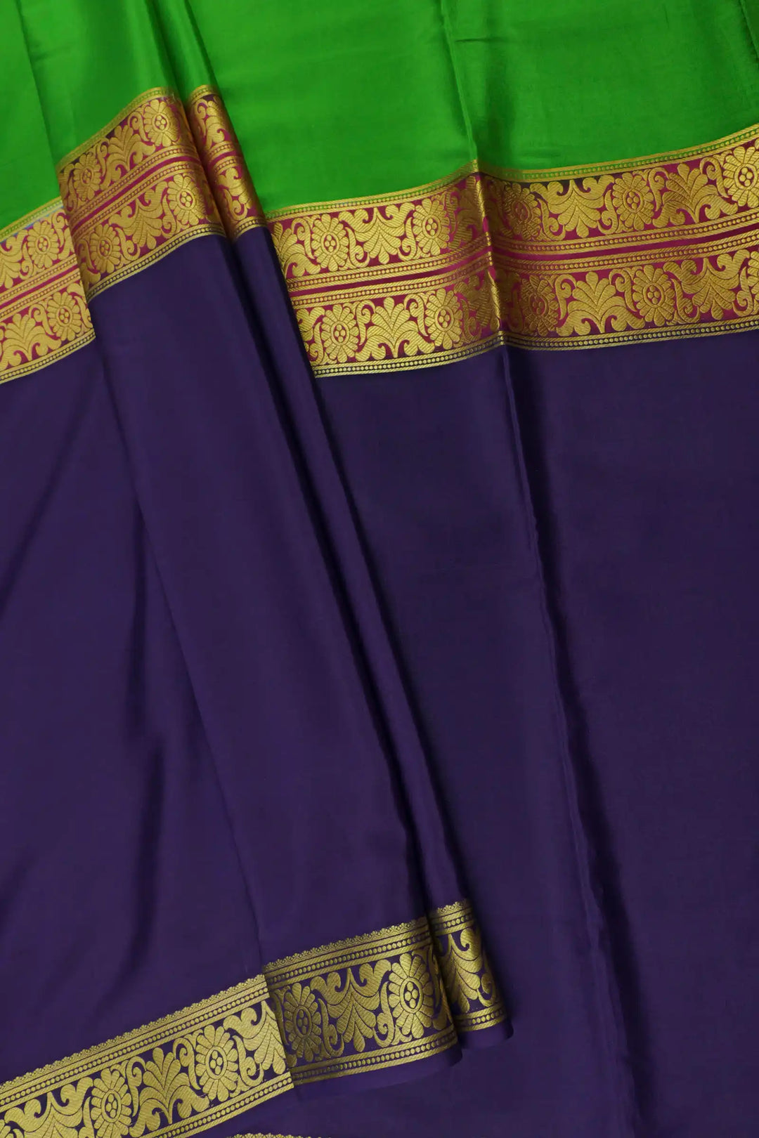 Half and Half  Floral Pure Mysore Silk Saree in Purple and Green Color with Contrast Green Color Blouse