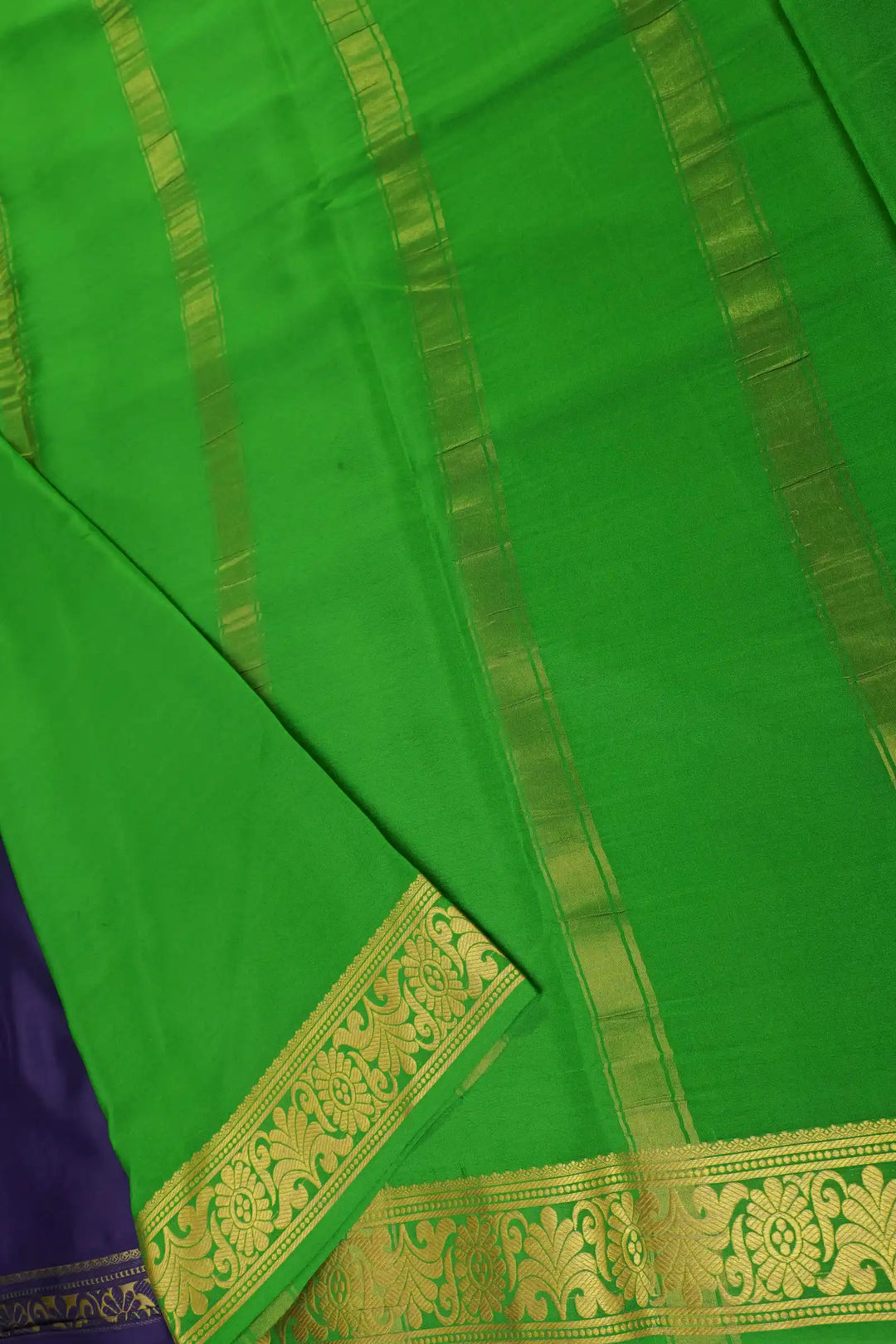 Half and Half  Floral Pure Mysore Silk Saree in Purple and Green Color with Contrast Green Color Blouse