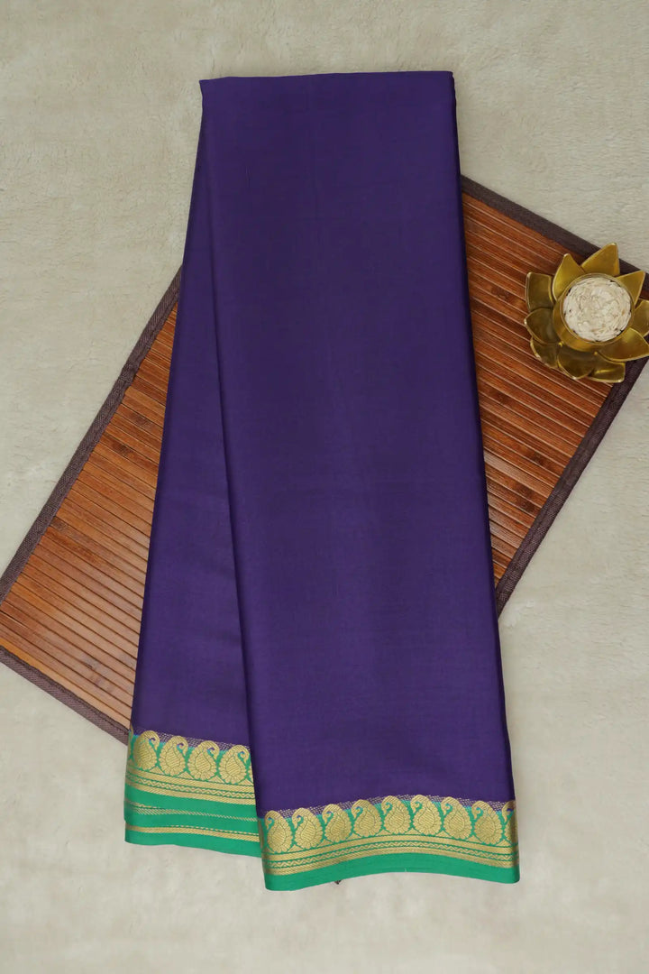 Mango Border 50 GSM Pure Mysore Silk Saree in Purple and Green Color with Contrast Green Color Blouse